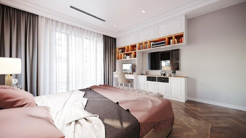 Bàn học liền kệ trang trí, kệ tivi, tủ đựng đồ tạo không gian đẹp, liền mạch, tối giản diện tích nhưng lại đảm bảo công năng hiệu quả cho phòng trẻ em. Mẫu nội thất chung cư
