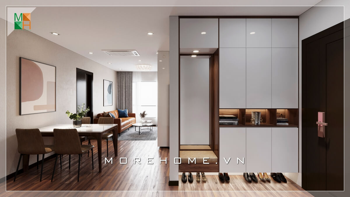 Mẫu tủ quần áo gỗ kết hợp giá để giầy hiện đại thiết kế kịch trần âm tường tối giản diện tích không gian nhà phố, chung cư. Mẫu nội thất chung cư
